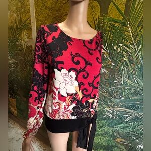 Chico's Red and Black Asian Inspired Patterned Top with Long Sleeves